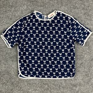 Louche Blouse Womens Size 8 Blue White Geometric Print Short Sleeve Retro Mod